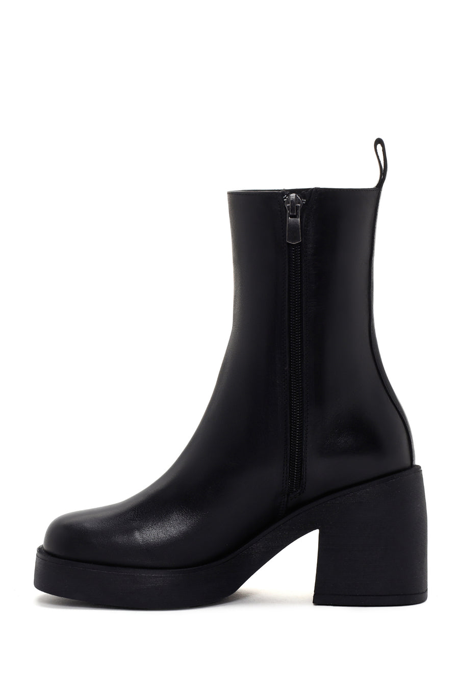 Woman Black Chunky Heel Zippered Leather Boat