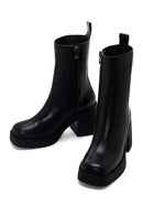 Woman Black Chunky Heel Zippered Leather Boat | Derimod