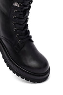 Woman Black Zippered Lace-Up Thick Sole Leather Postal Boots | Derimod