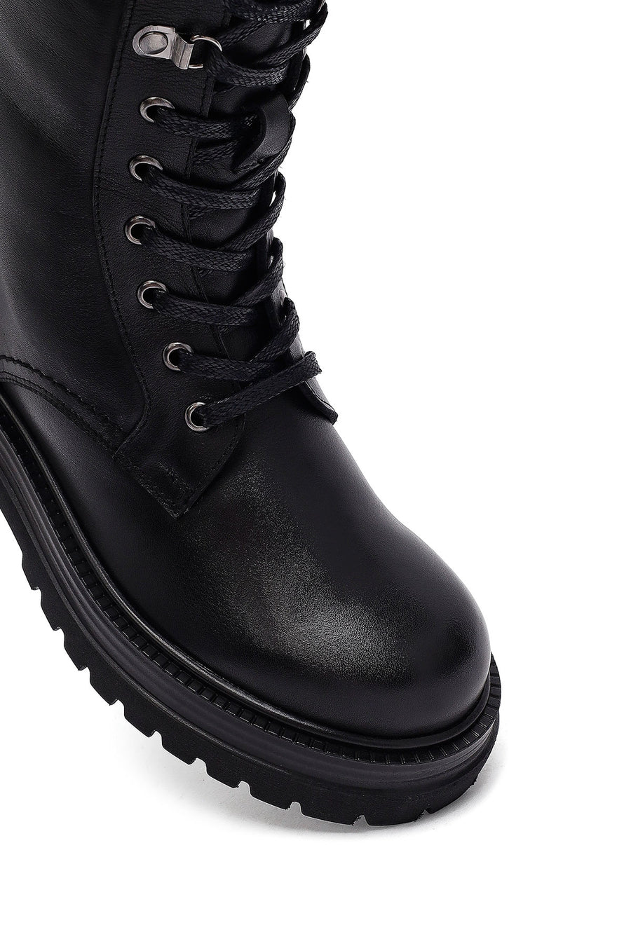 Woman Black Zippered Lace-Up Thick Sole Leather Postal Boots