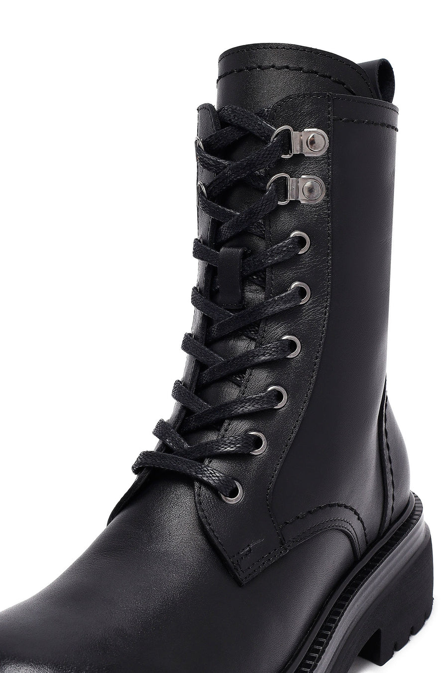 Woman Black Zippered Lace-Up Thick Sole Leather Postal Boots