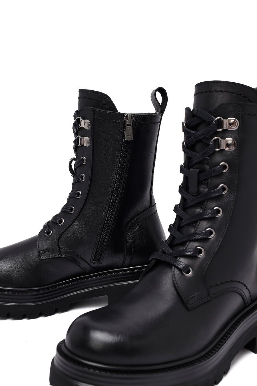 Woman Black Zippered Lace-Up Thick Sole Leather Postal Boots