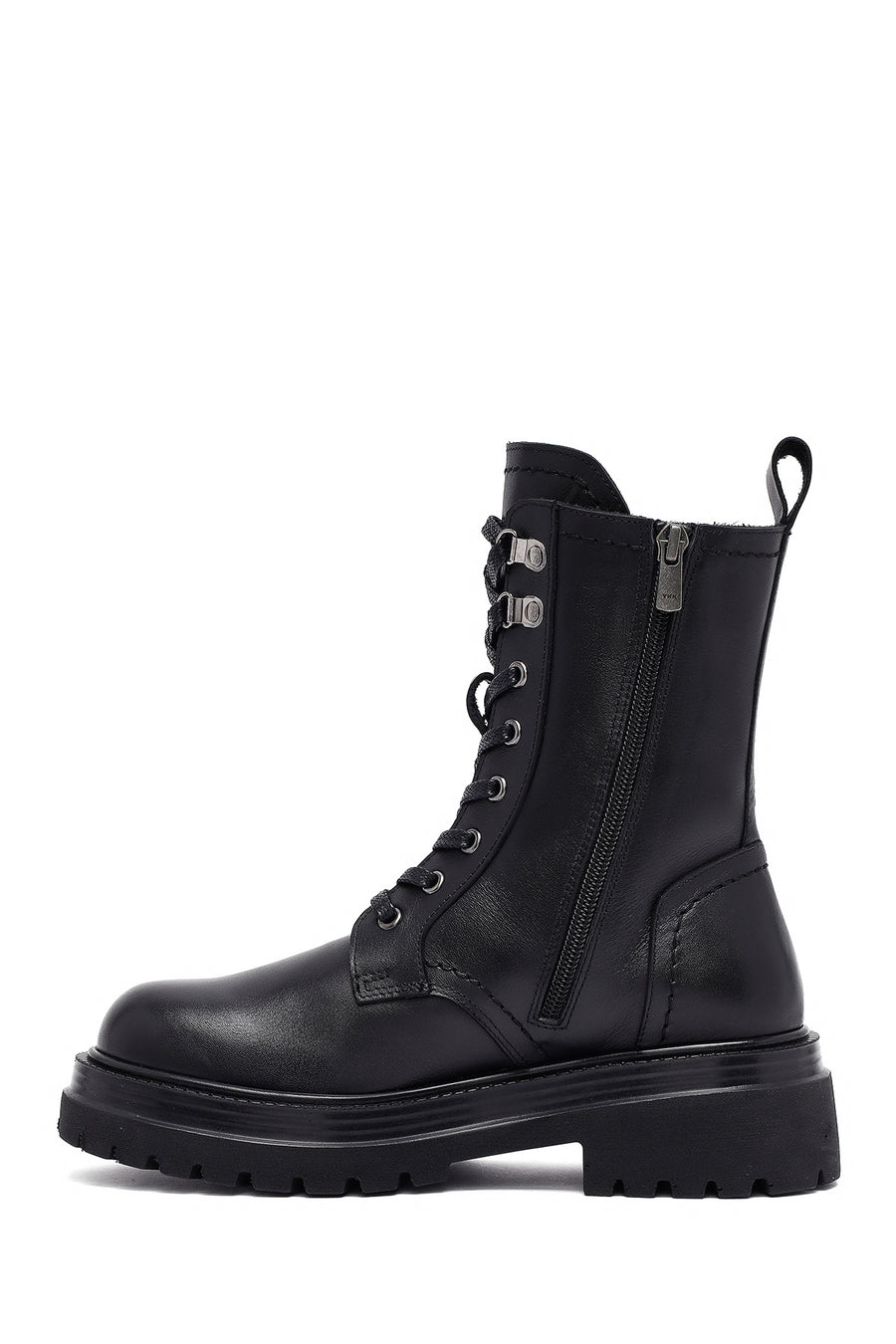 Woman Black Zippered Lace-Up Thick Sole Leather Postal Boots