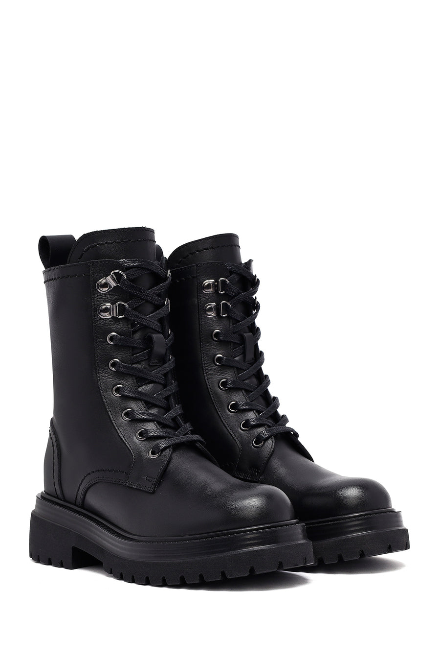 Woman Black Zippered Lace-Up Thick Sole Leather Postal Boots
