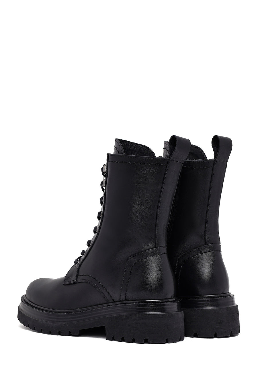 Woman Black Zippered Lace-Up Thick Sole Leather Postal Boots