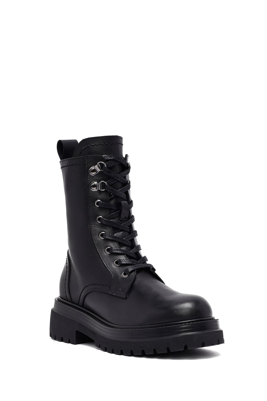 Woman Black Zippered Lace-Up Thick Sole Leather Postal Boots