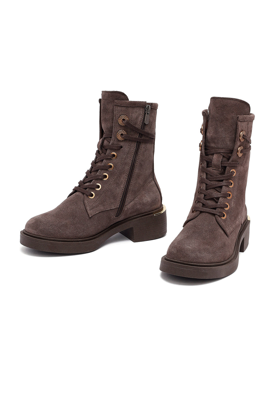 Women's Mink Zippered Lace-up Suede Leather Ankle Boots