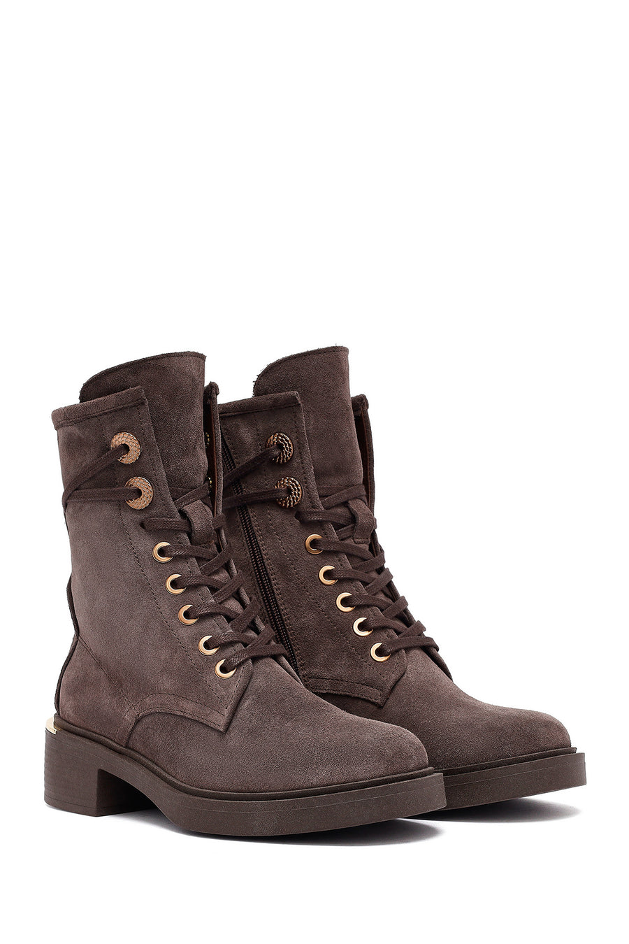 Women's Mink Zippered Lace-up Suede Leather Ankle Boots