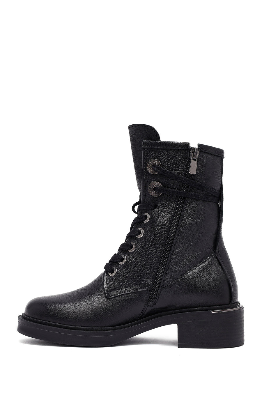 Kadın Siyah Fermuarlı Bağcıklı Deri Postal Bot