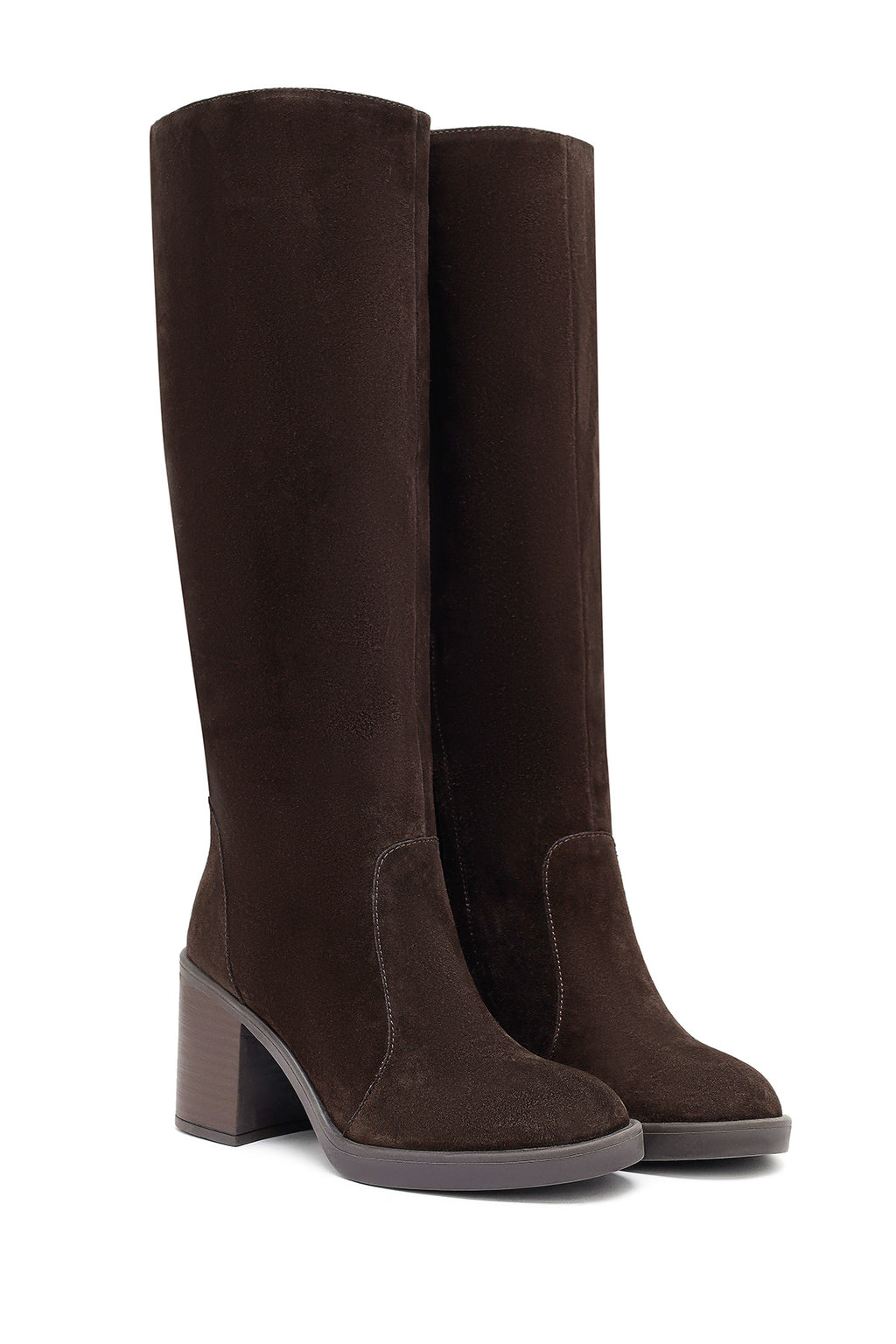 Kadın Kahverengi Fermuarlı Kalın Topuklu Süet Deri Çizme