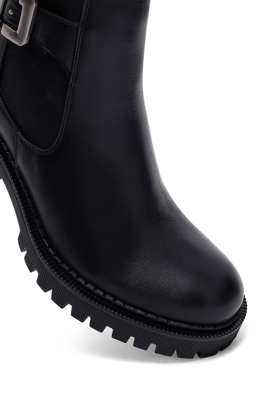 Women's Black Zippered Thick Heeled Leather Boots