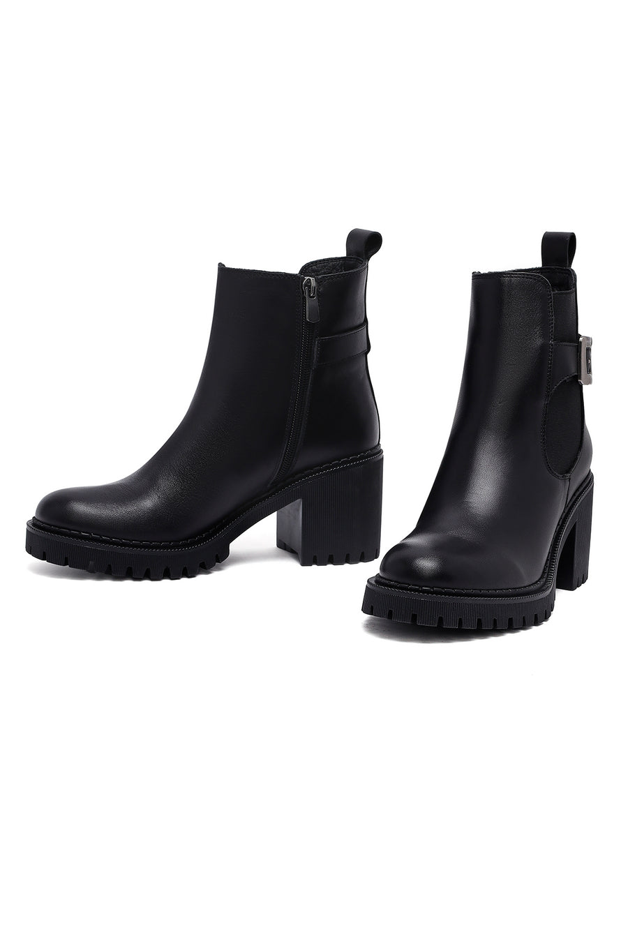 Women's Black Zippered Thick Heeled Leather Boots