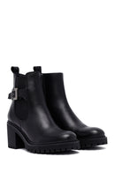 Women's Black Zippered Thick Heeled Leather Boots | Derimod