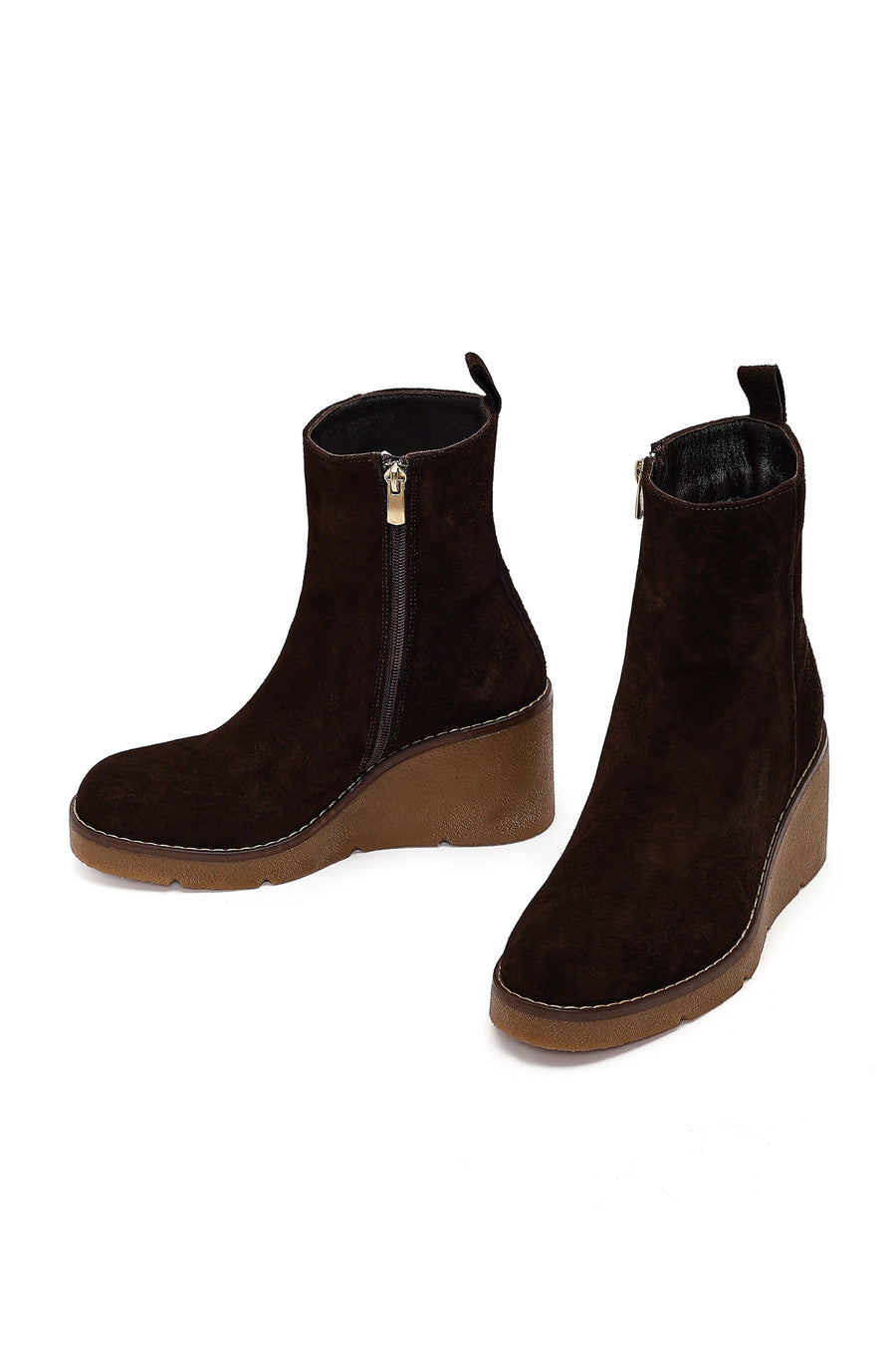 Women's Brown Zip-Up Wedge Suede Leather Boots