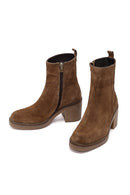 Women's Beige Zippered Thick Heel Suede Leather Boots | Derimod