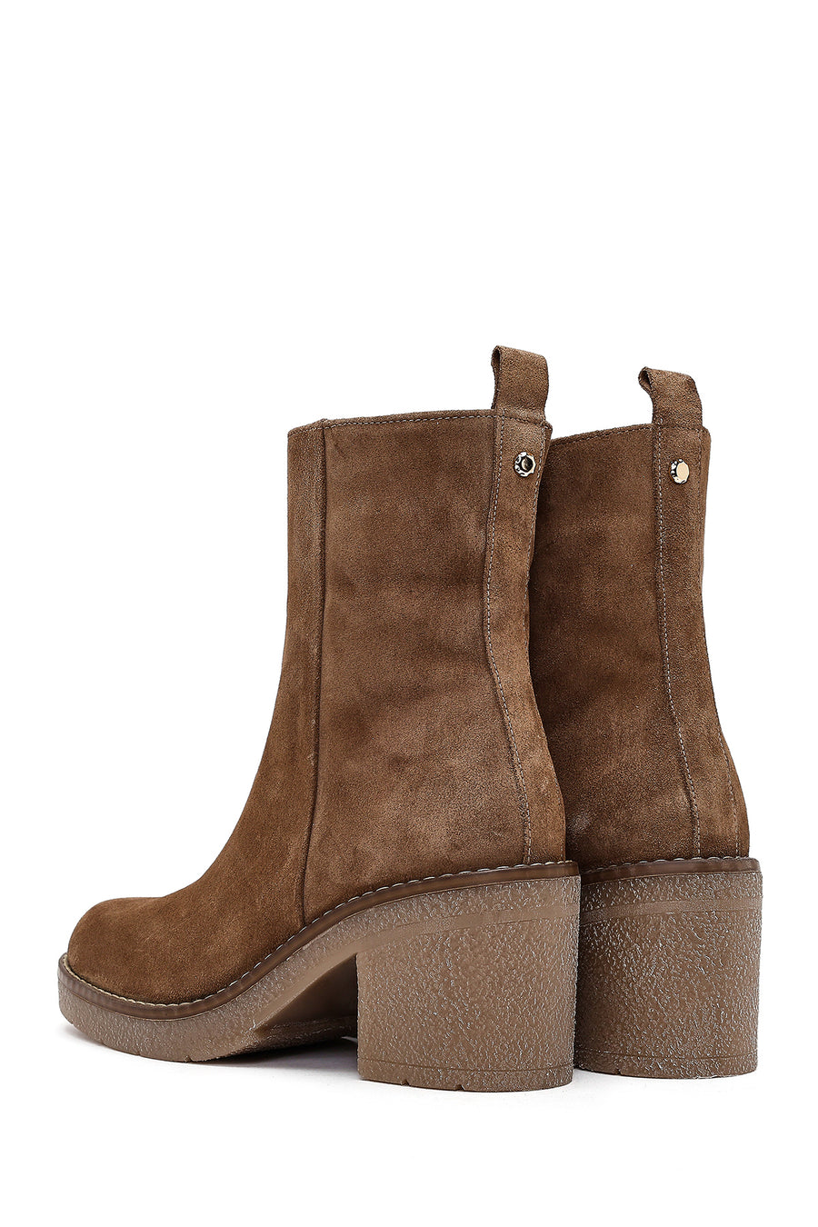 Women's Beige Zippered Thick Heel Suede Leather Boots