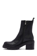 Women's Black Zippered Thick Heeled Leather Boot | Derimod