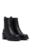 Women's Black Zippered Thick Heeled Leather Boot | Derimod