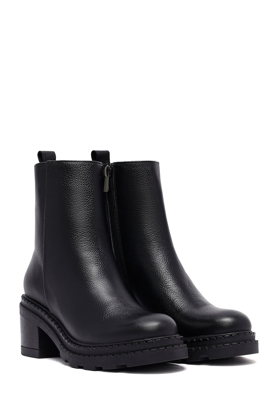 Women's Black Zippered Thick Heeled Leather Boot