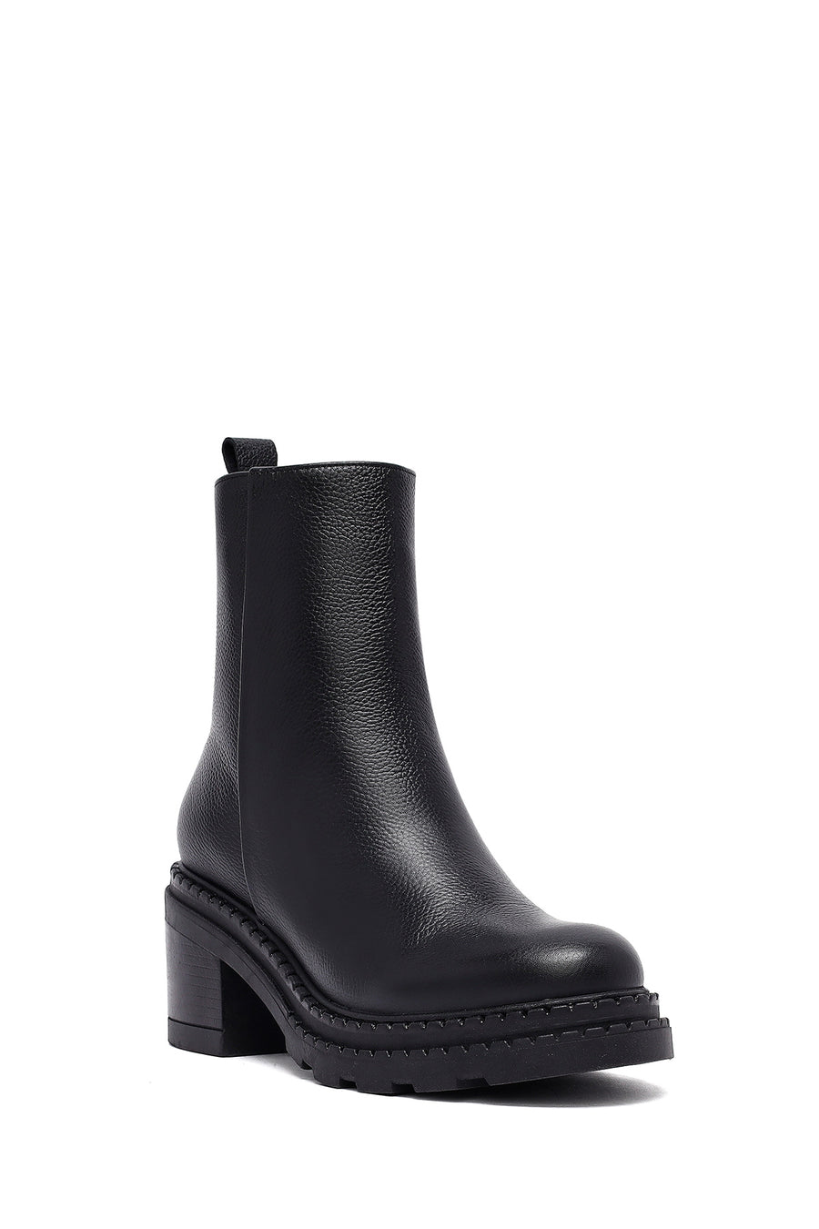 Women's Black Zippered Thick Heeled Leather Boot