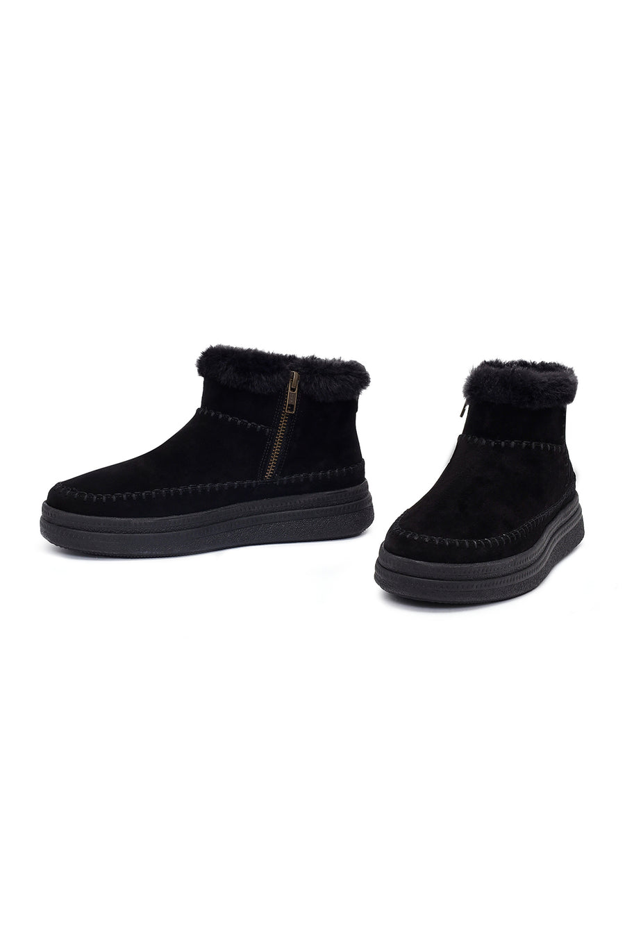 Woman Black Zippered Thick-Soled Suede Leather Teddy Bot
