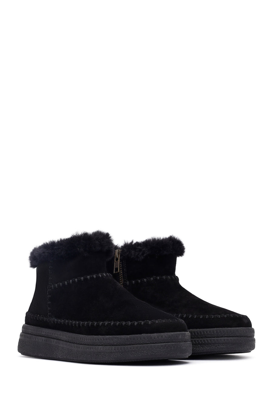 Woman Black Zippered Thick-Soled Suede Leather Teddy Bot
