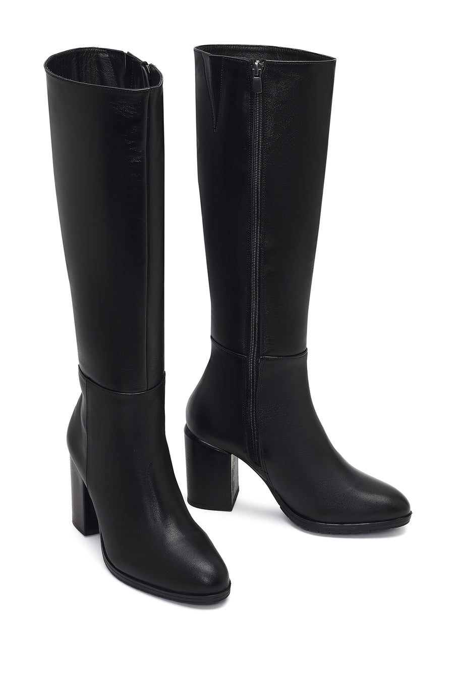 Women's Black Zippered Thick Heeled Leather Boot