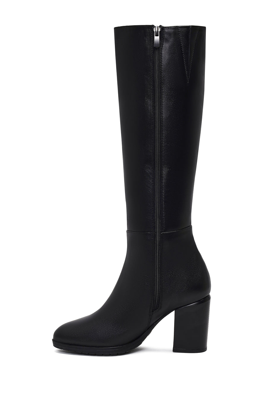 Women's Black Zippered Thick Heeled Leather Boot