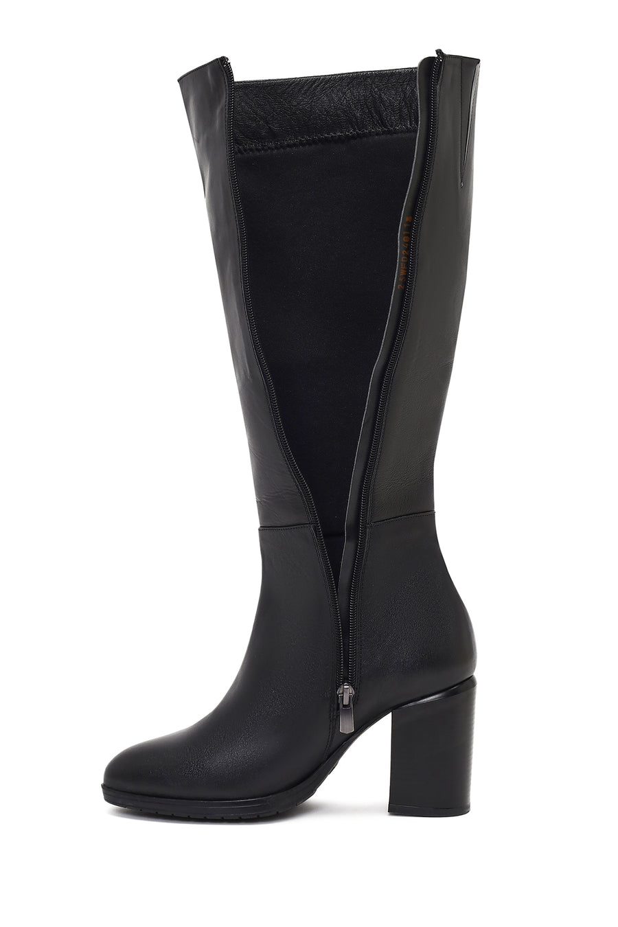 Women's Black Zippered Thick Heeled Leather Boot
