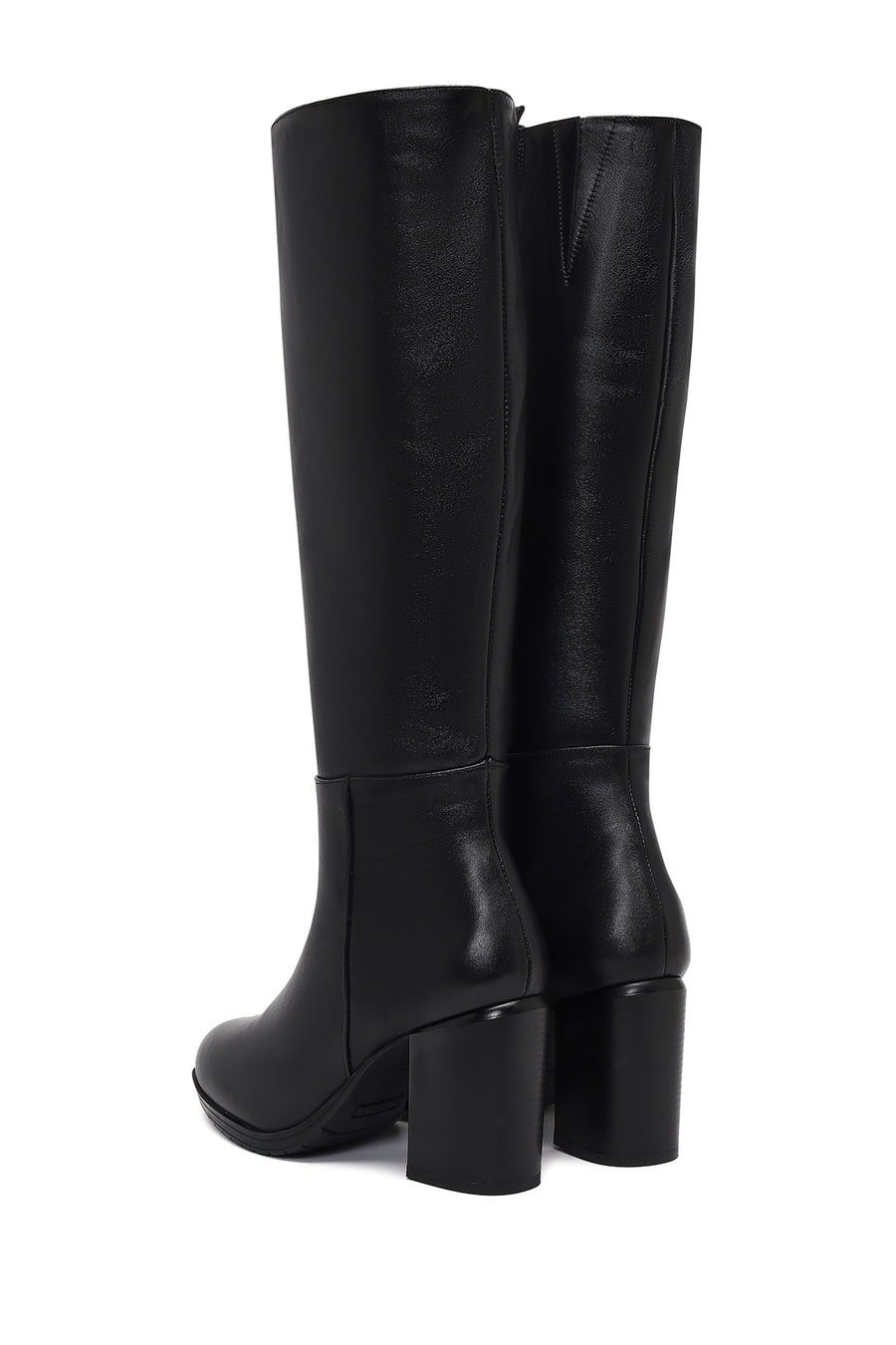 Women's Black Zippered Thick Heeled Leather Boot