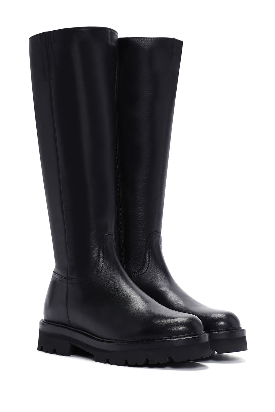 Woman Black Zippered Thick Sole Leather Boot