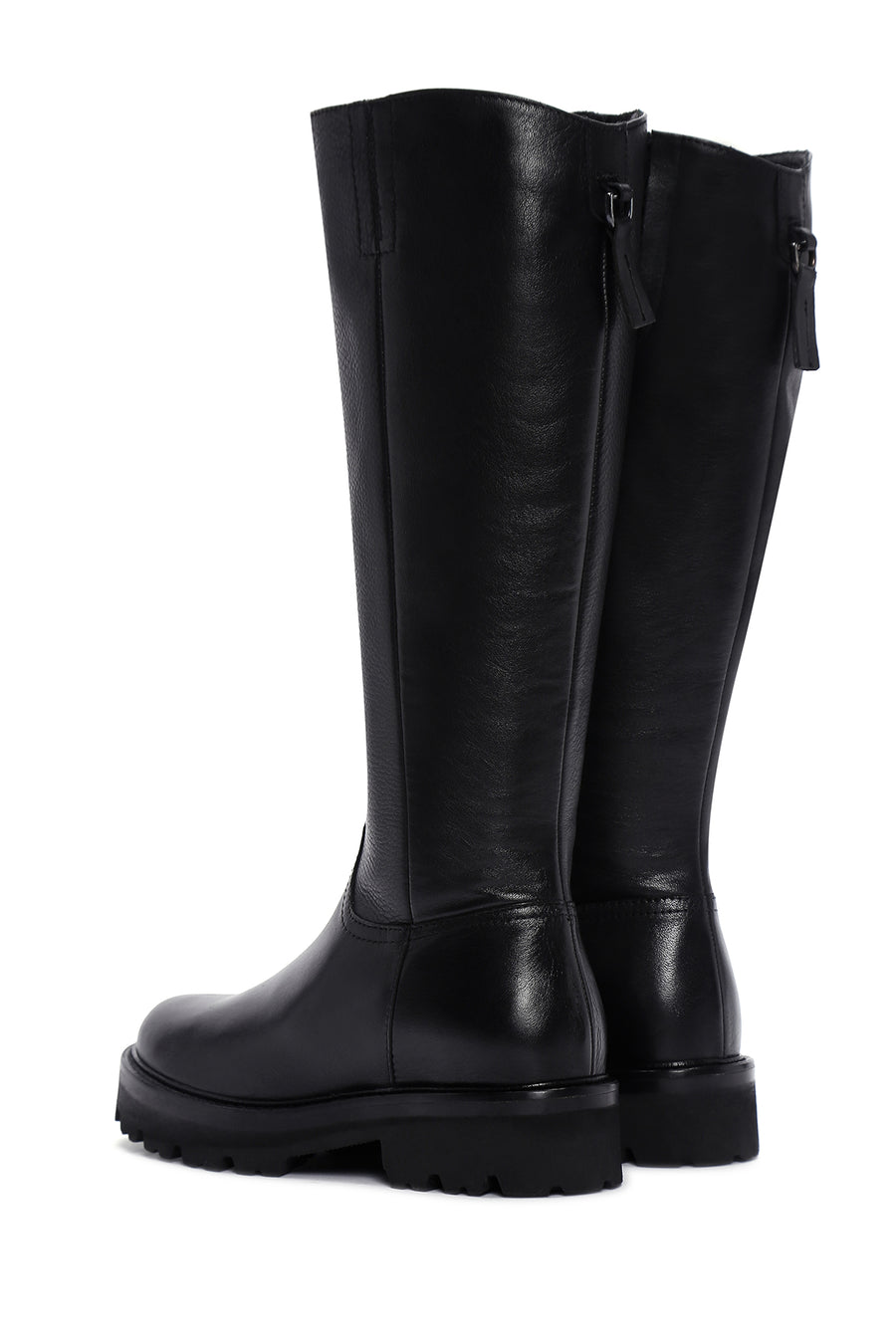 Woman Black Zippered Thick Sole Leather Boot