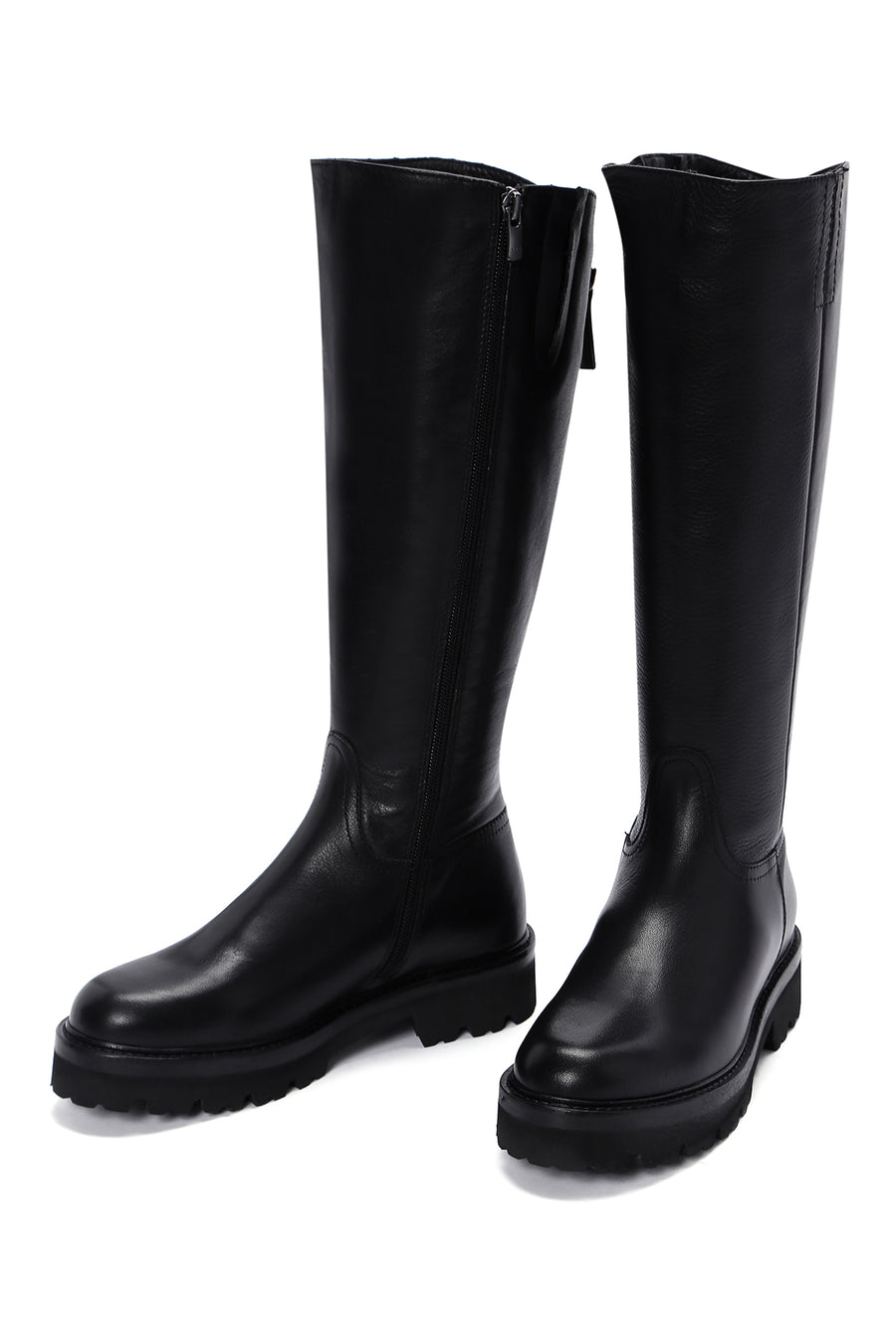 Woman Black Zippered Thick Sole Leather Boot