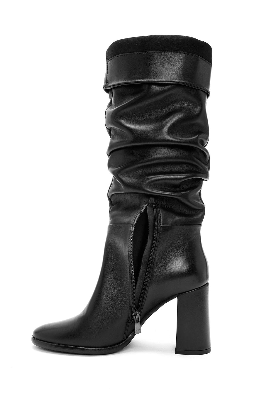 Woman Black Zippered Chunky Heels Leather Boot