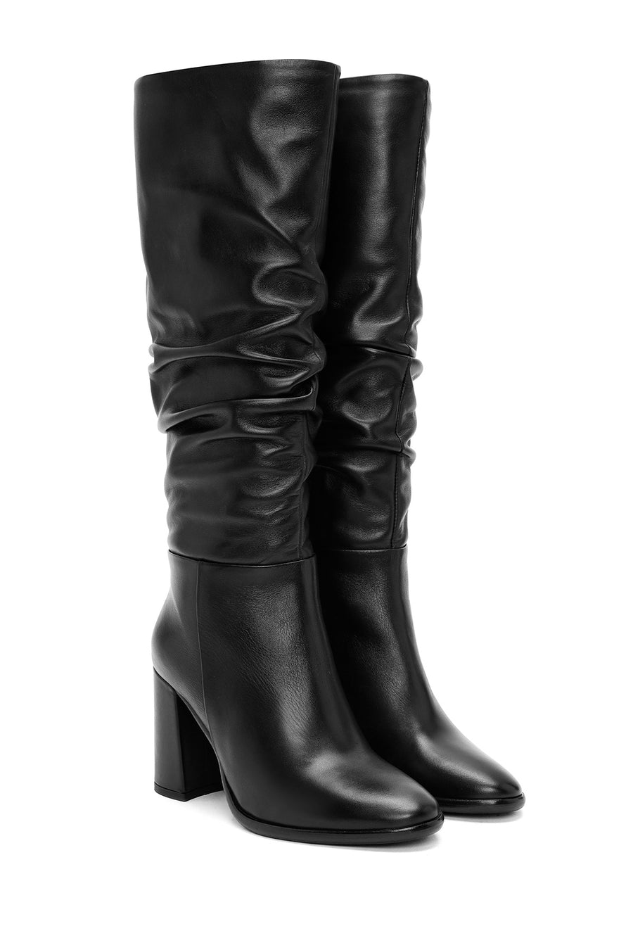 Woman Black Zippered Chunky Heels Leather Boot