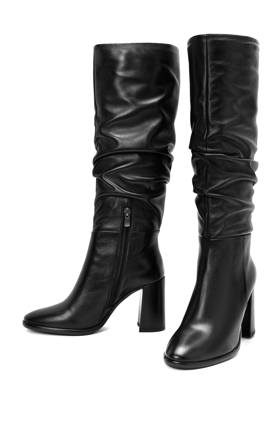 Woman Black Zippered Chunky Heels Leather Boot