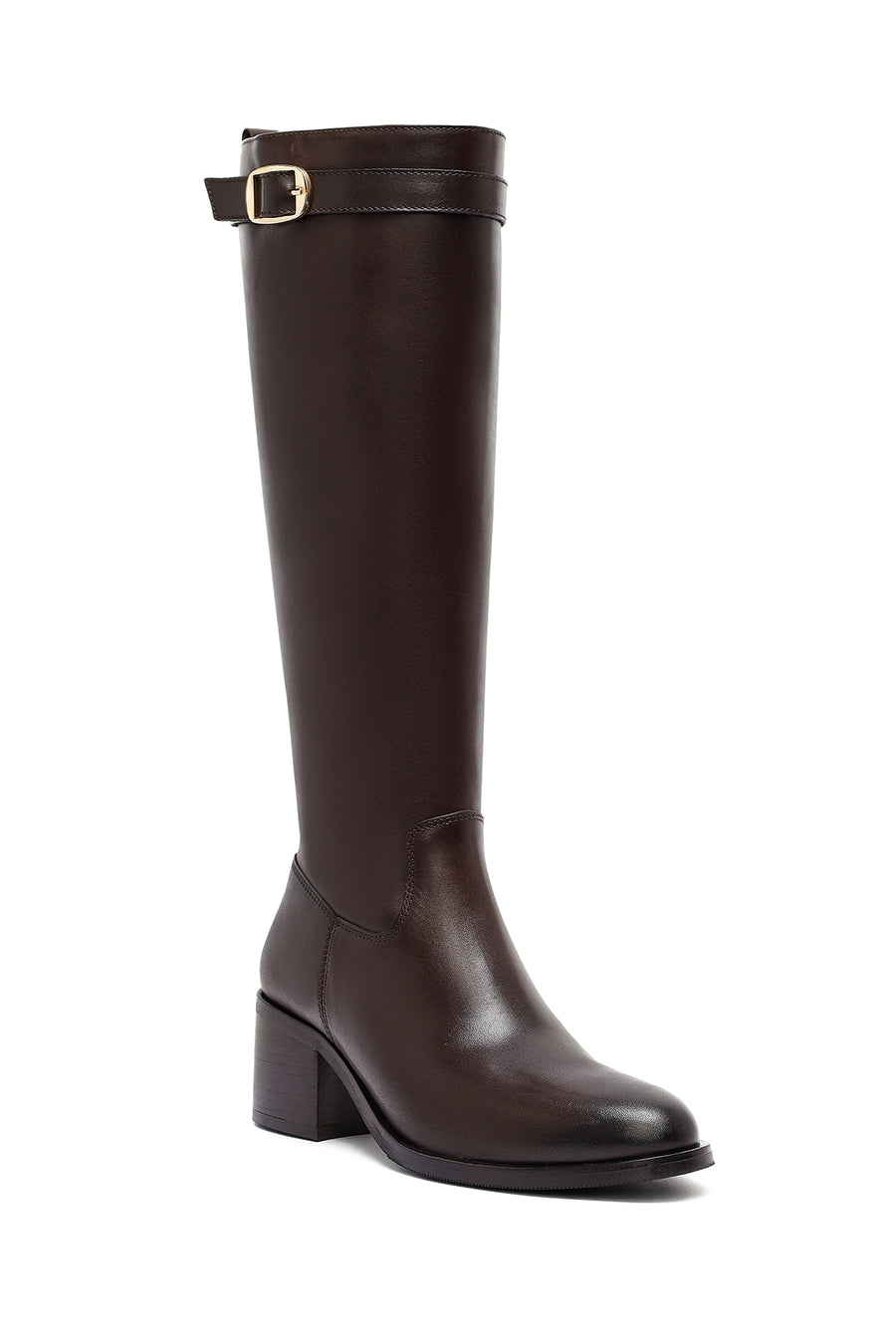 Woman Brown Zippered Chunky Heels Leather Boot
