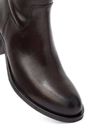 Woman Brown Zippered Chunky Heels Leather Boot | Derimod