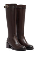 Woman Brown Zippered Chunky Heels Leather Boot | Derimod