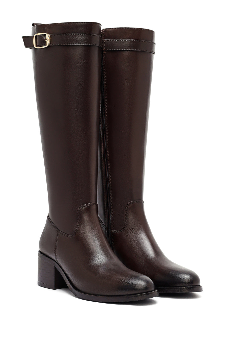 Woman Brown Zippered Chunky Heels Leather Boot