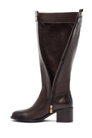 Woman Brown Zippered Chunky Heels Leather Boot | Derimod