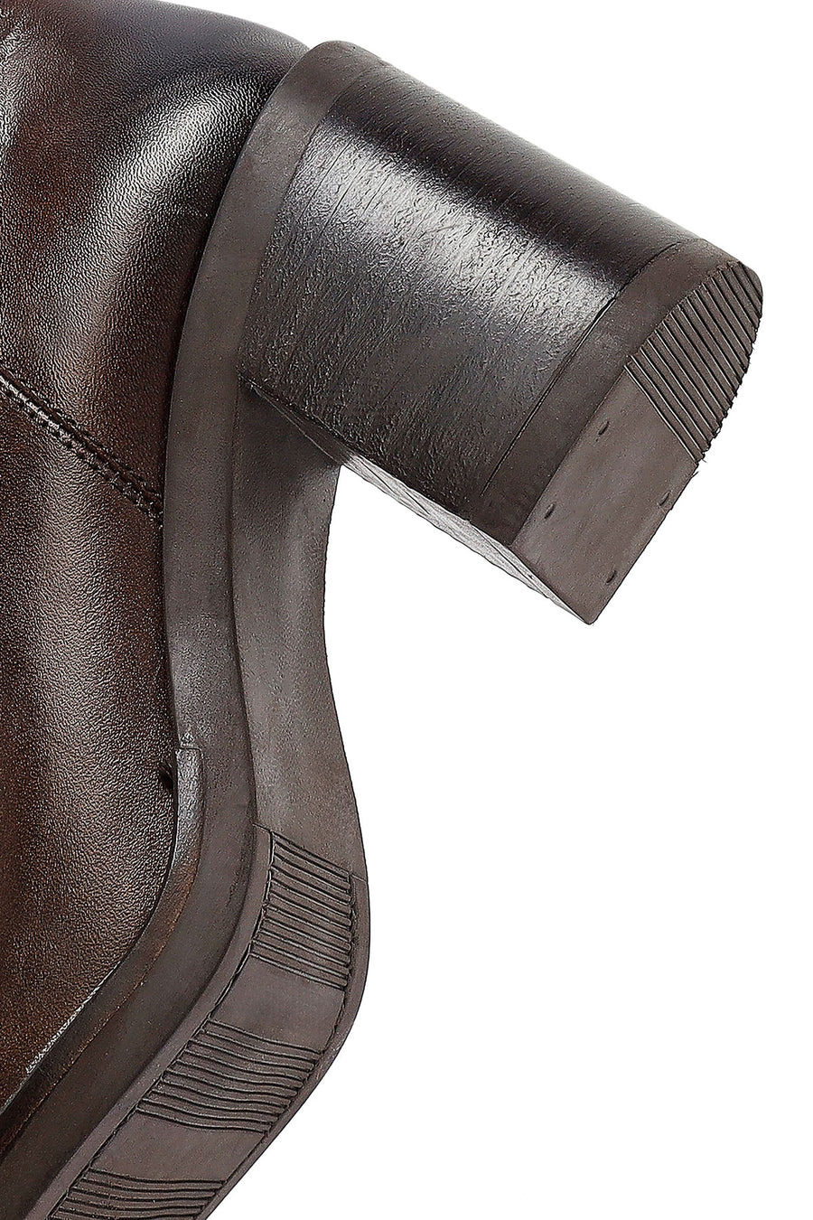 Woman Brown Zippered Chunky Heels Leather Boot