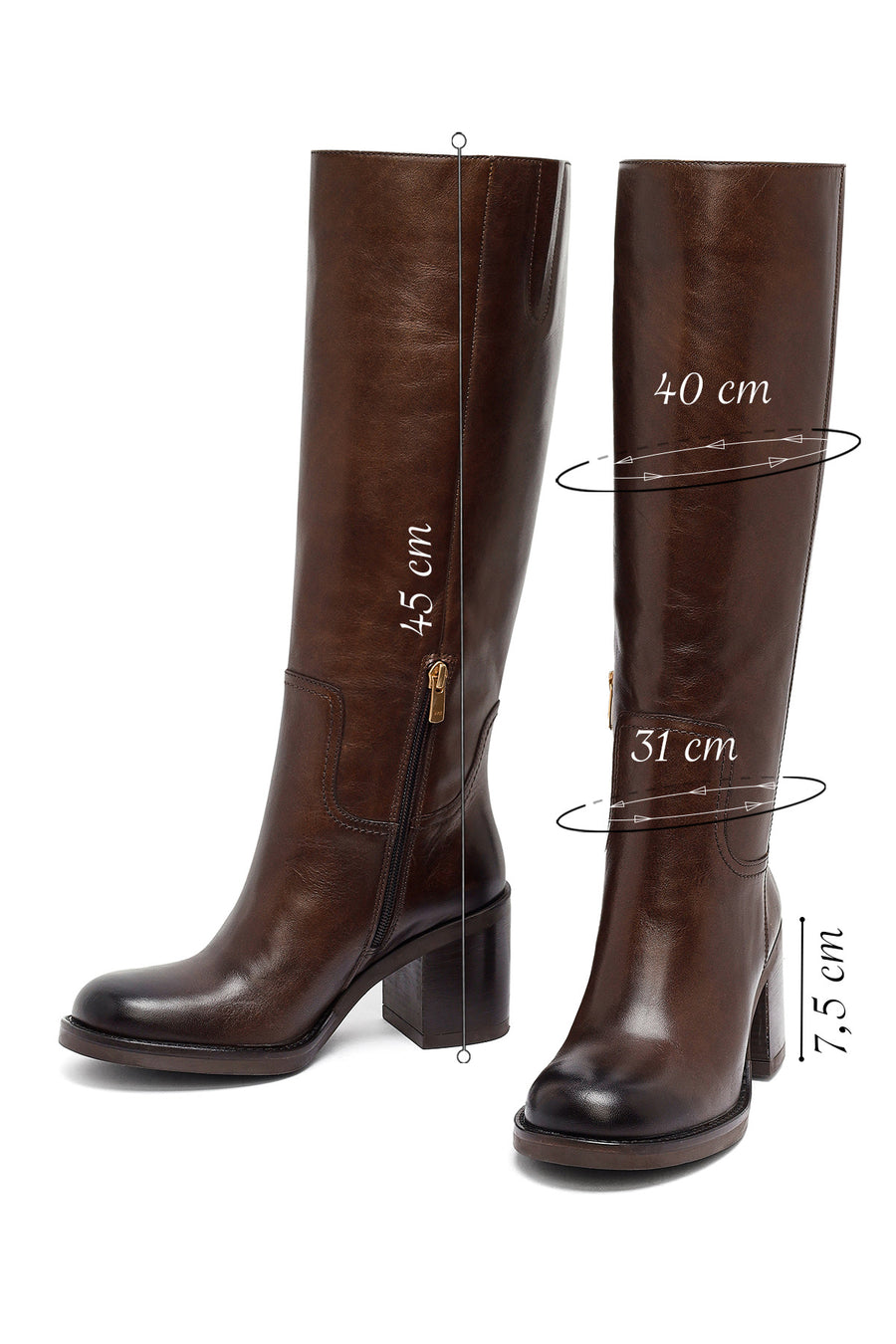 Woman Brown Zippered Chunky Heels Leather Boot