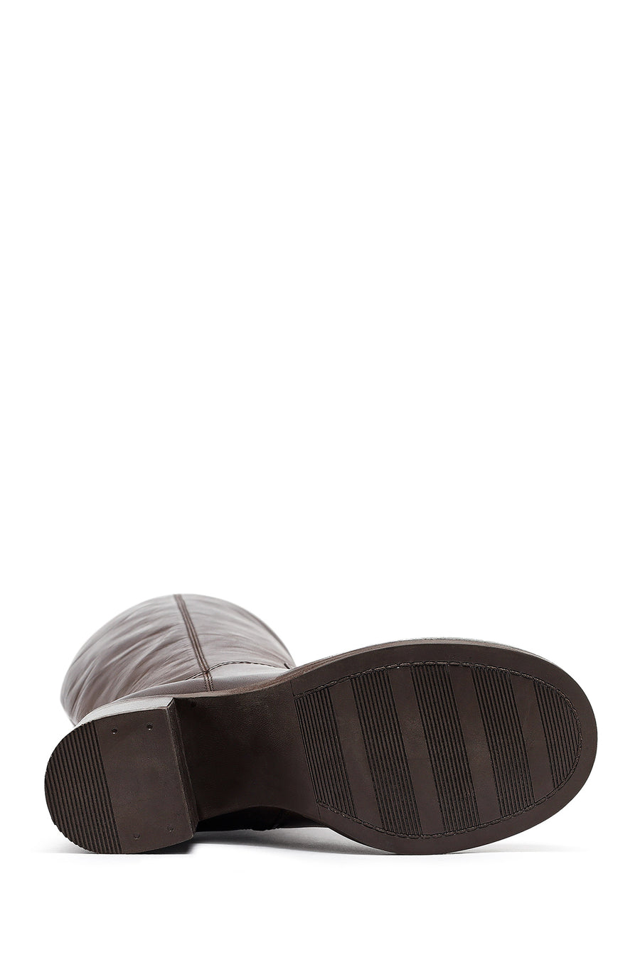 Woman Brown Zippered Chunky Heels Leather Boot