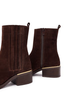 Woman Brown Zippered Low Chunky Heel Suede Leather Boat | Derimod