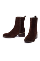 Woman Brown Zippered Low Chunky Heel Suede Leather Boat | Derimod
