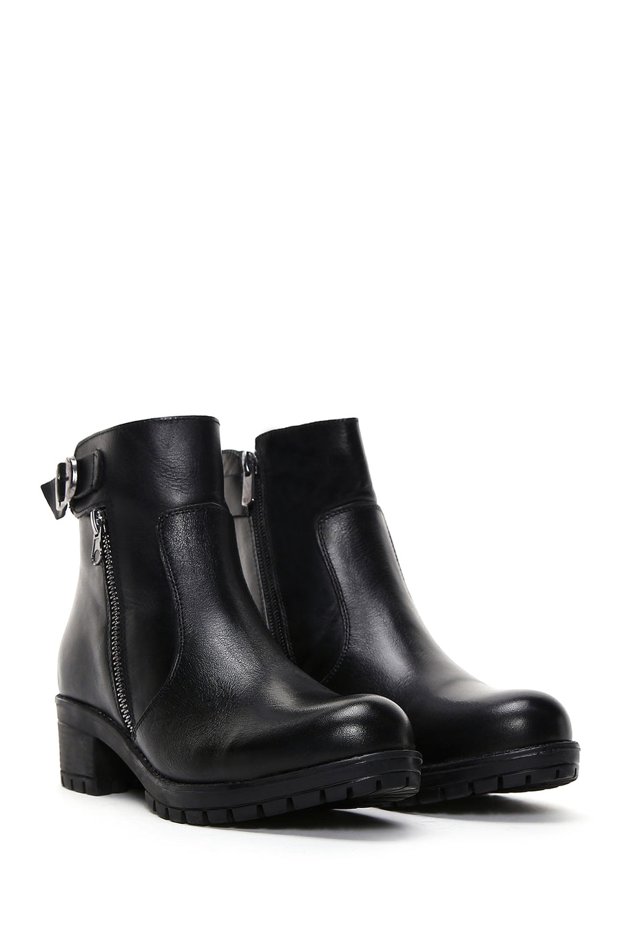 Woman Black Zippered Leather Casual Boots
