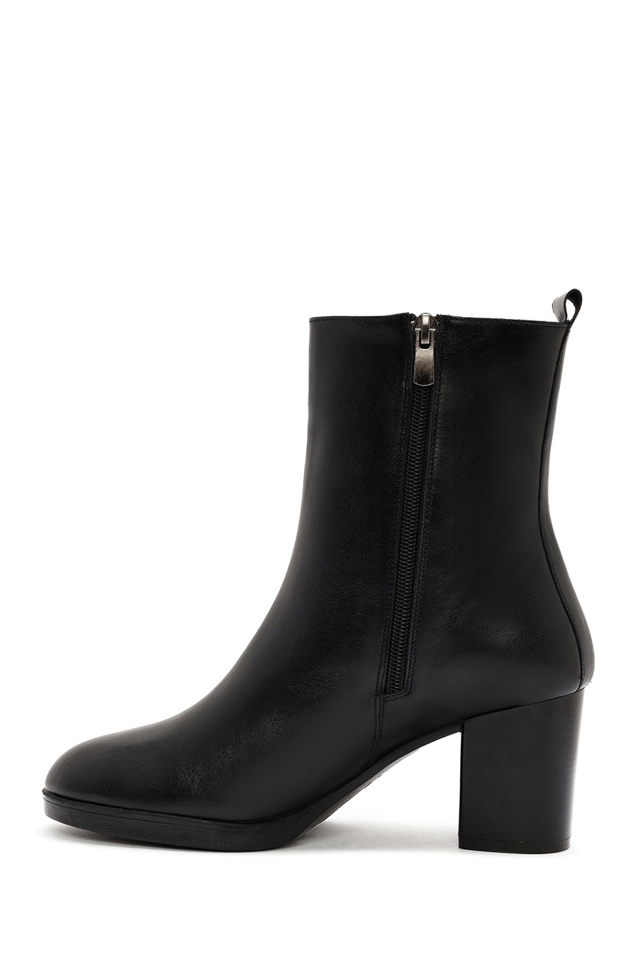 Woman Black Zippered Chunky Heels Leather Boat
