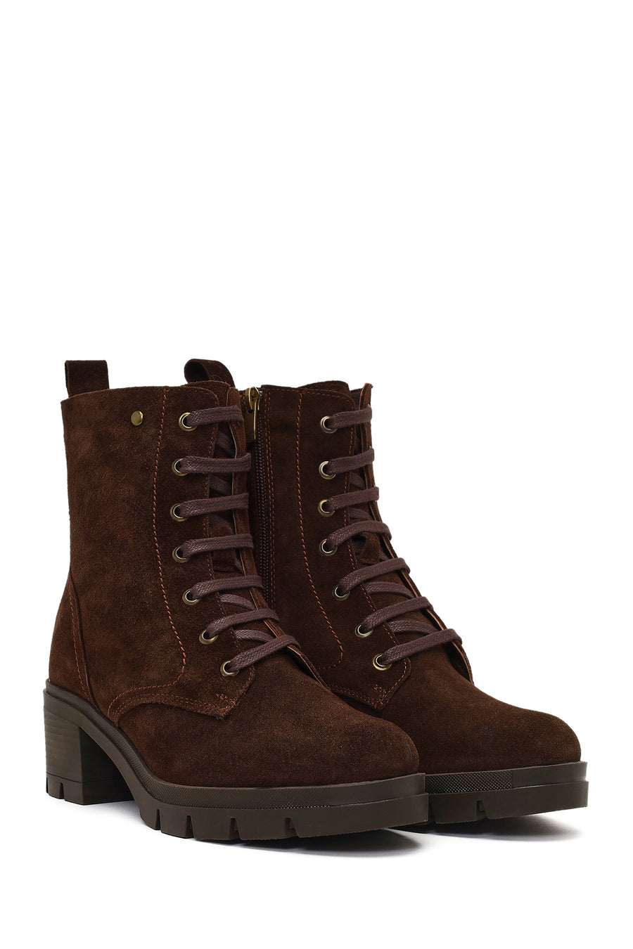 Women's Brown Zippered Thick Heeled Suede Leather Boot