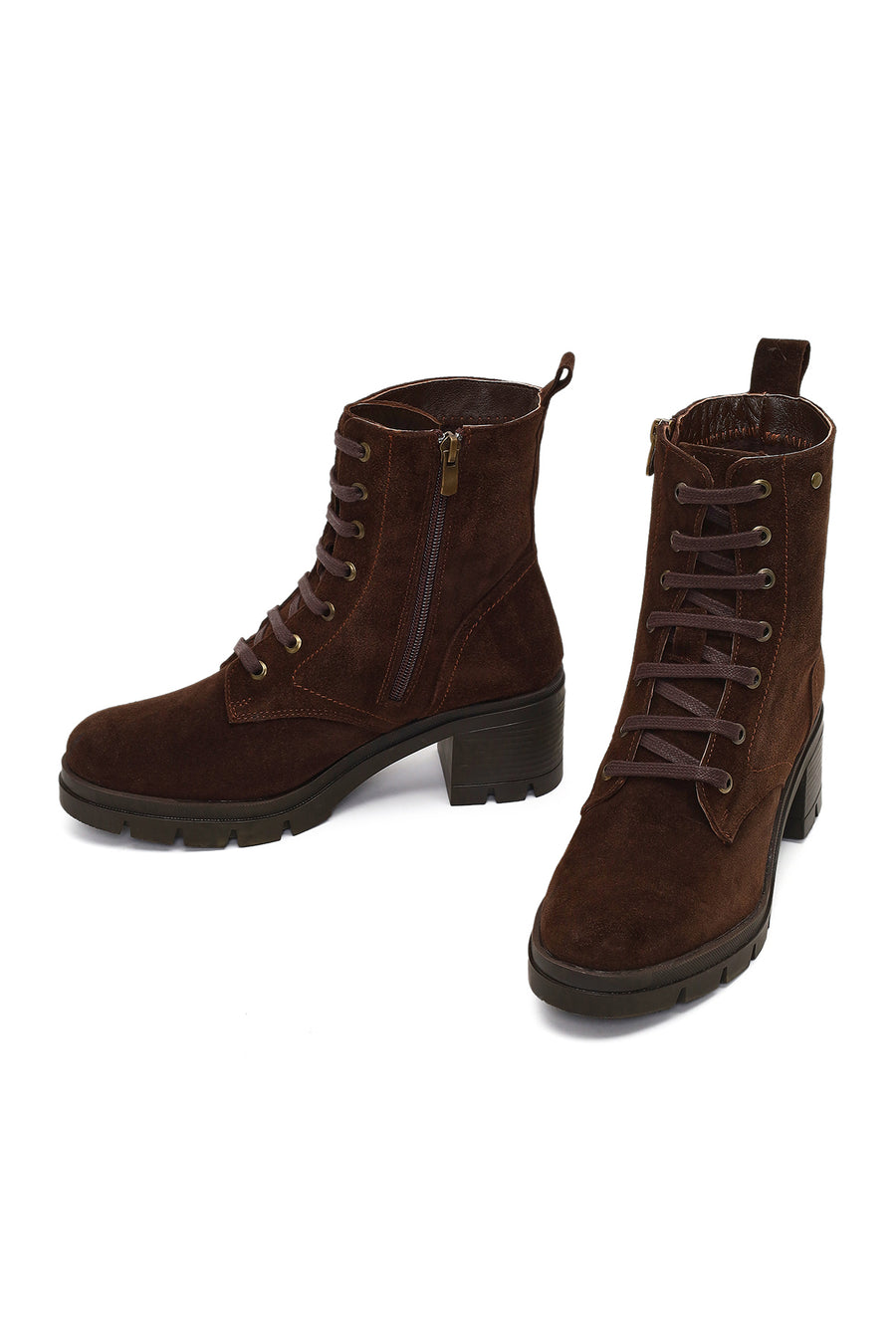 Women's Brown Zippered Thick Heeled Suede Leather Boot